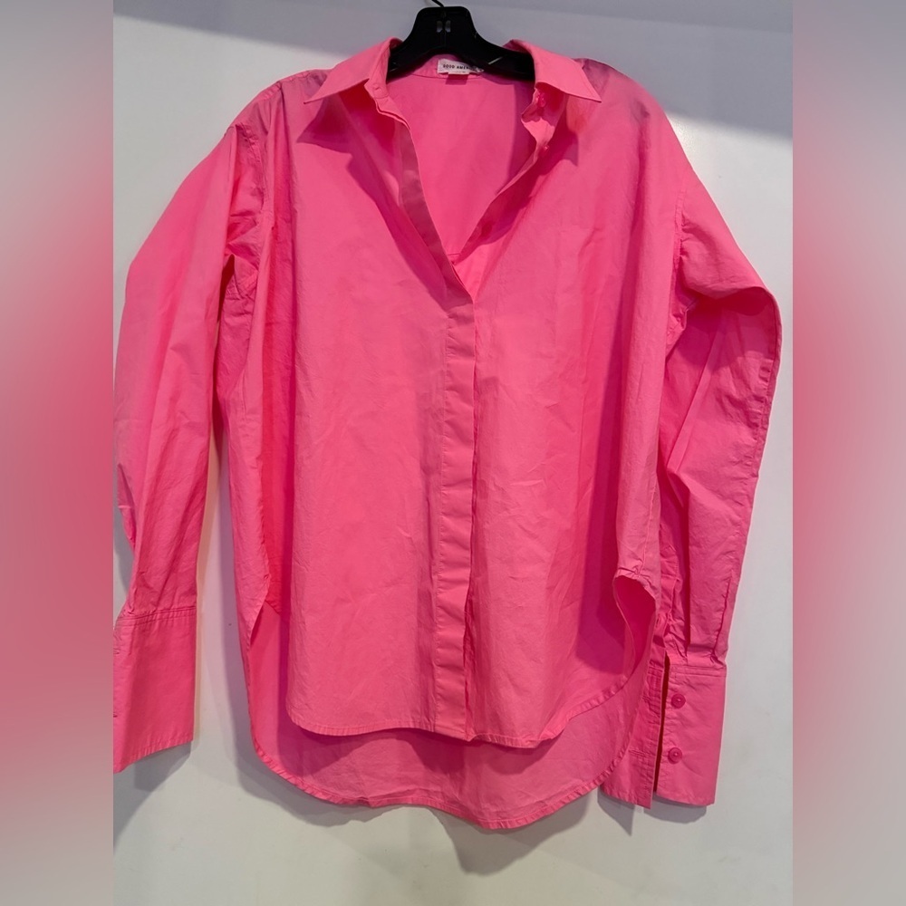 GOOD AMERICAN Coated Poplin Weekend Longsleeve Shirt Relaxed 7/8 Knockout Pink - Picture 2 of 5